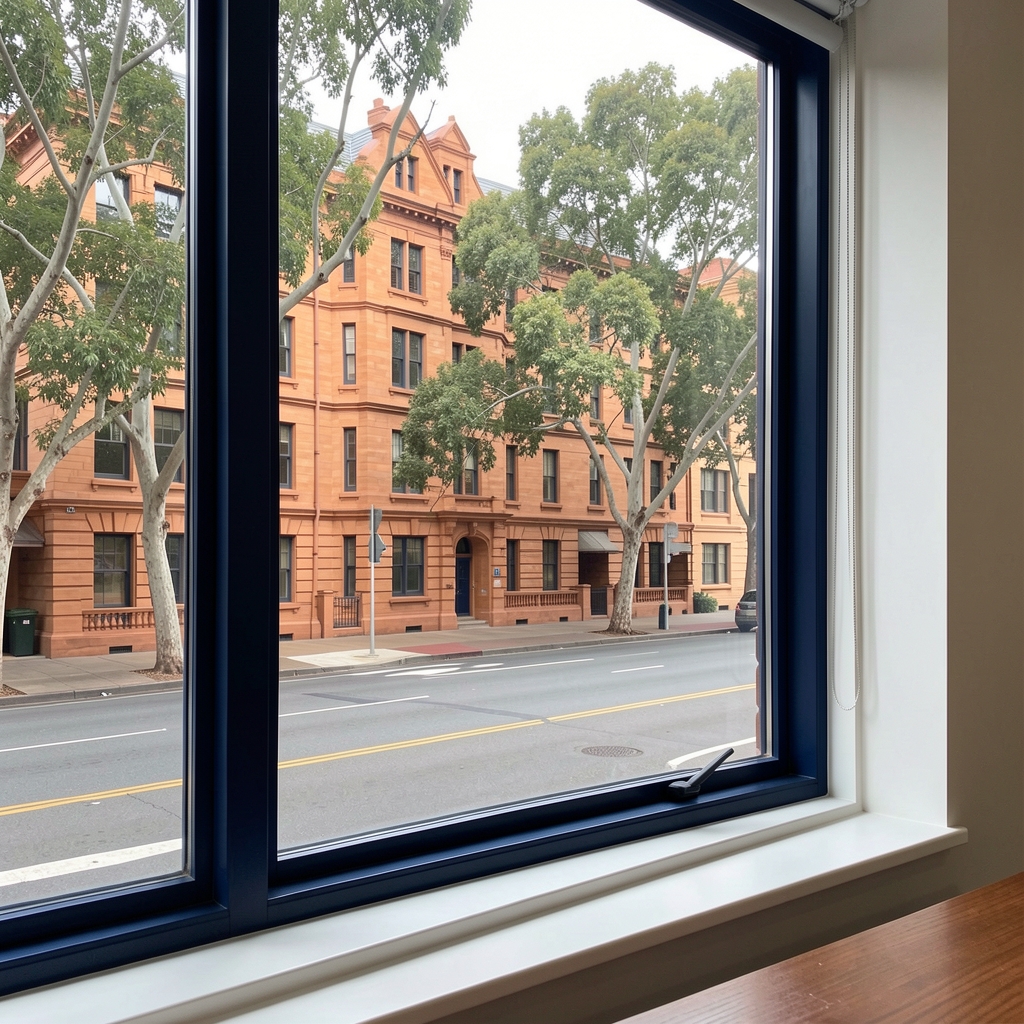 Tree-lined Sydney street with heritage sandstone buildings viewed through a navy window frame
