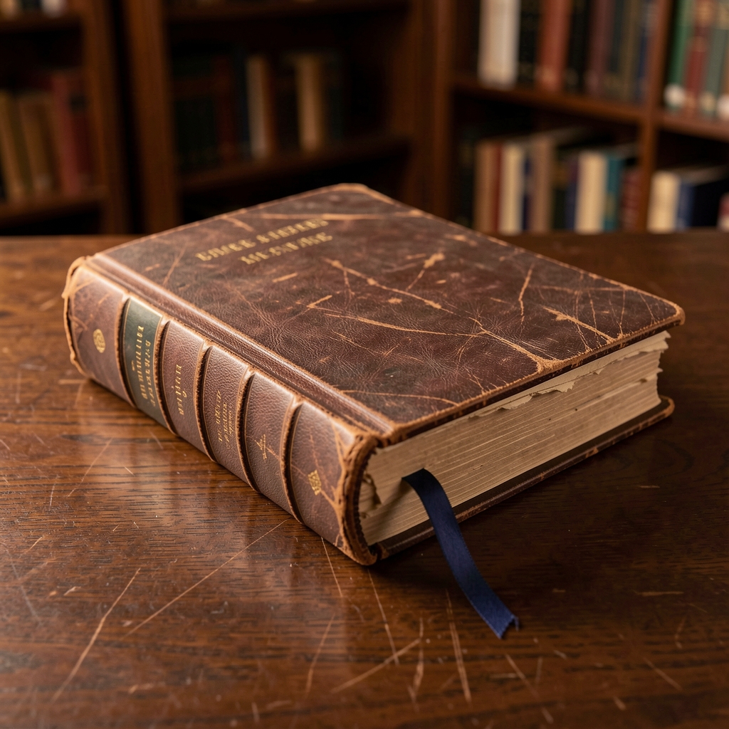 Weathered leather-bound legal textbook with gold page edges and navy ribbon bookmark