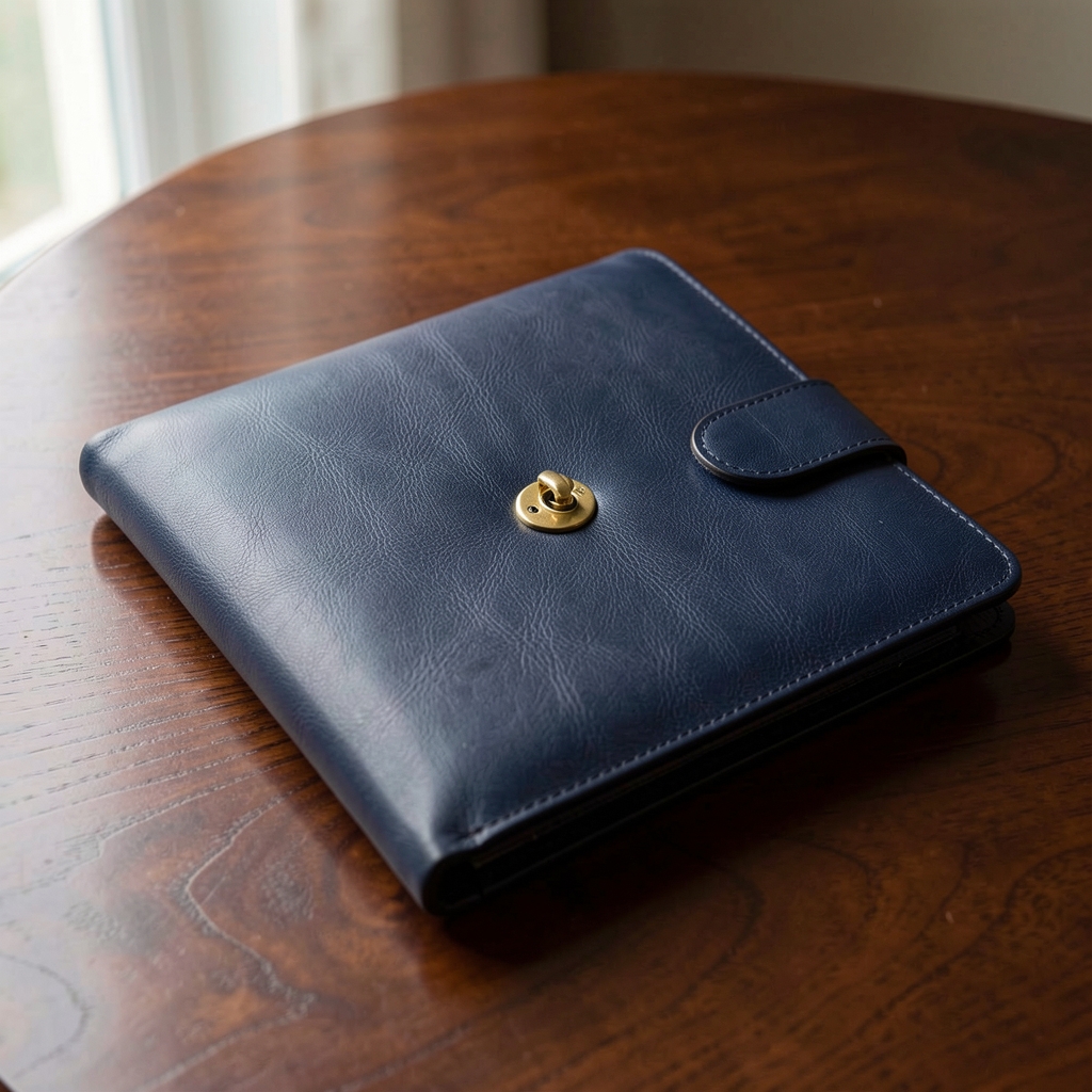 Closed navy leather document folio with a gold clasp on a dark wood surface