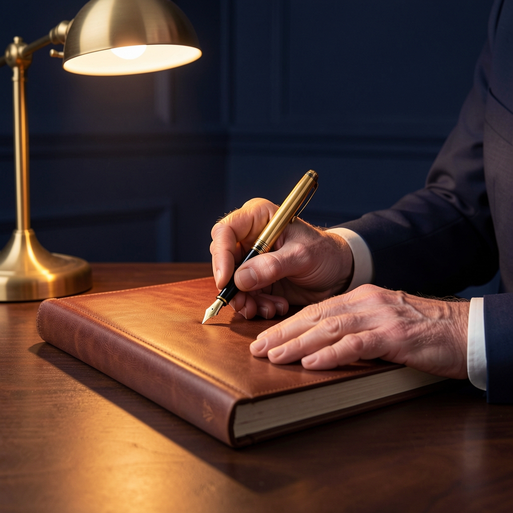 Hand writing with a gold fountain pen on a leather-bound ledger