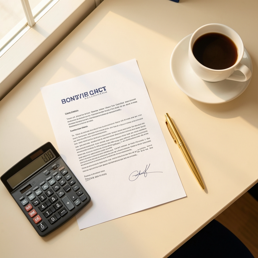 Contract document with a calculator, gold pen, and coffee cup on a desk in morning light
