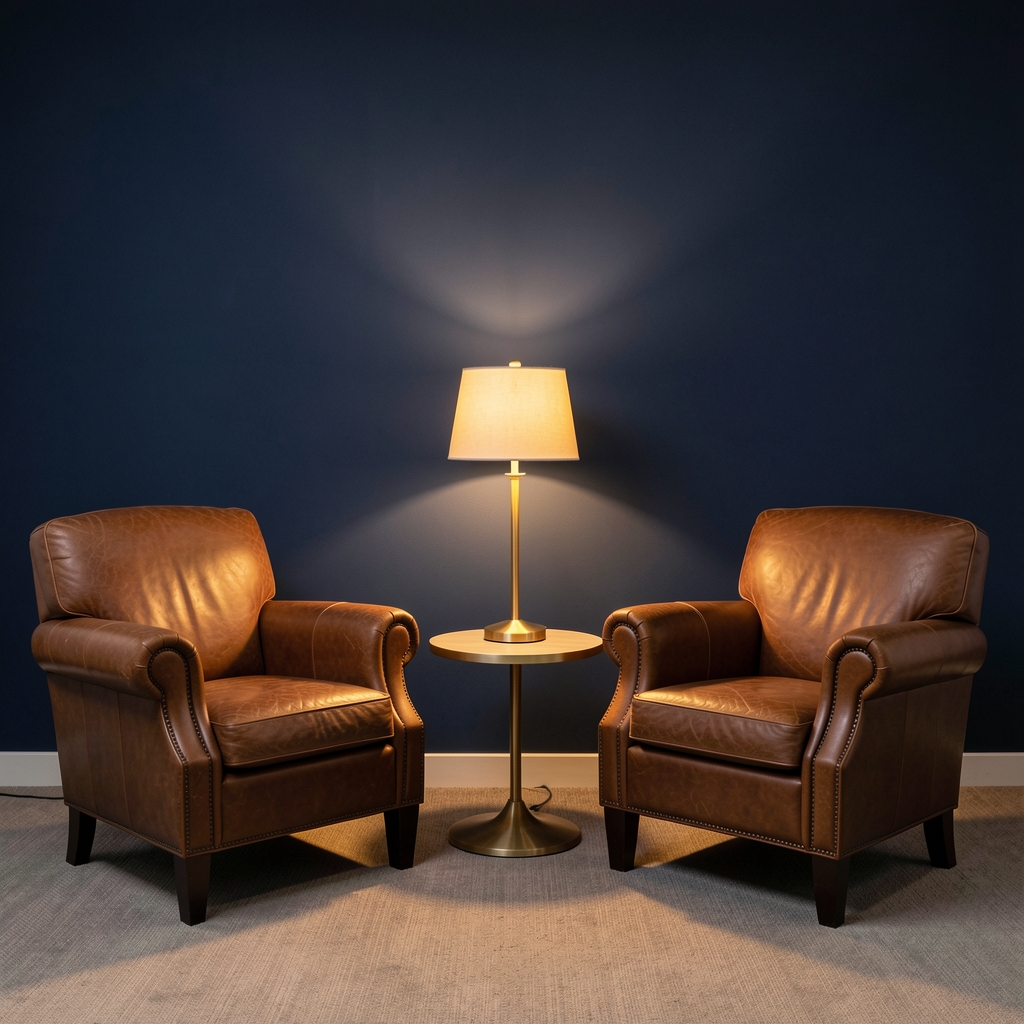 Two leather armchairs facing each other across a table with a brass lamp