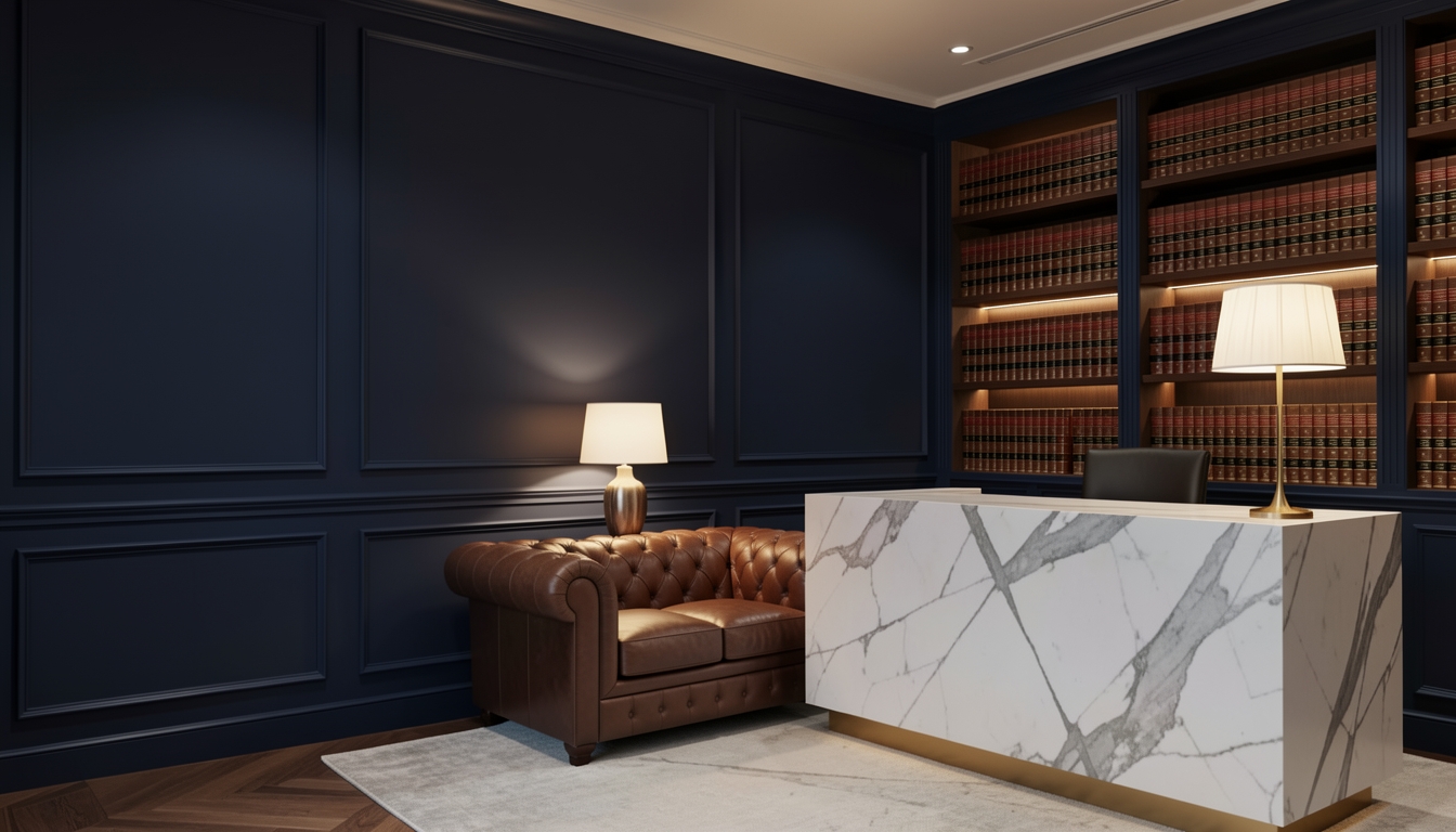 Warm law firm reception area with marble counter, brass bell, and leather sofa