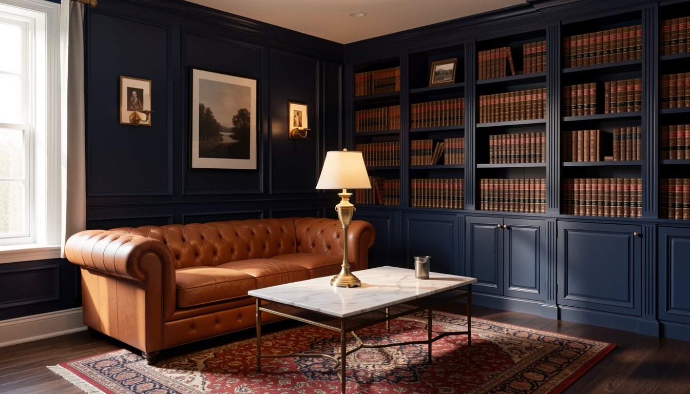 Warm law office interior with navy paneled walls, Chesterfield sofa, marble coffee table, and brass floor lamp