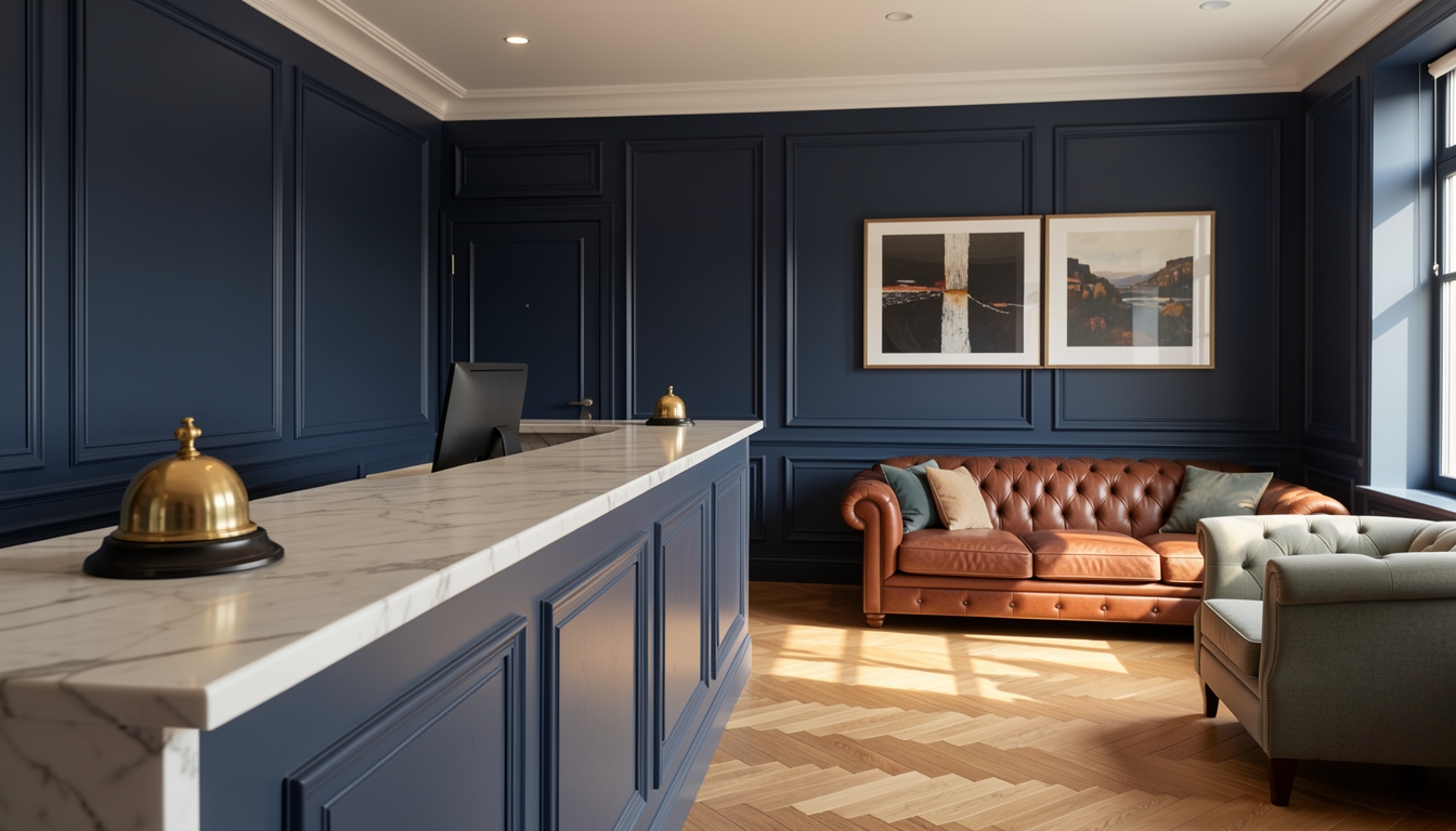 Warm law firm reception area with marble counter, brass bell, and leather Chesterfield sofa