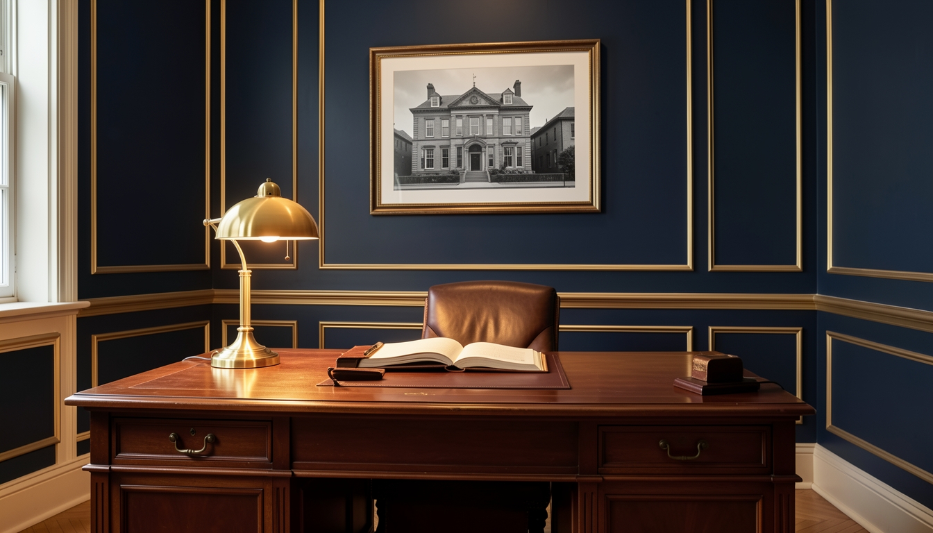 Heritage law office with a dark wood partners desk, brass lamp, and framed photograph on navy walls