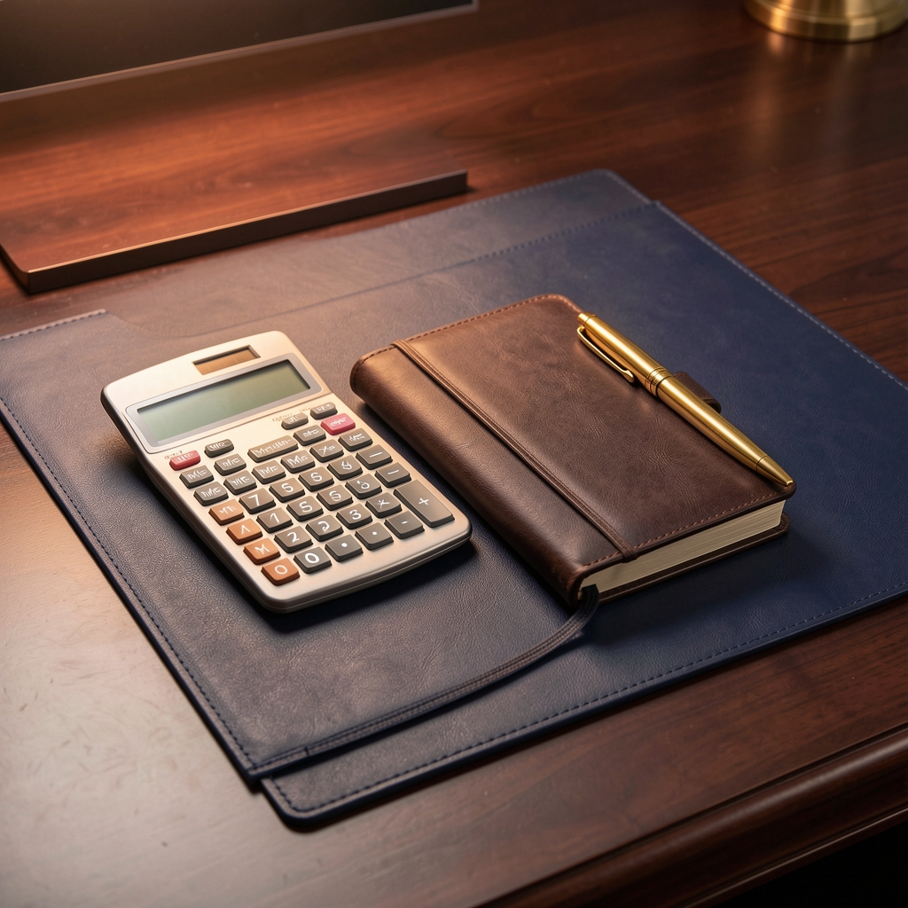 Financial calculator and leather notebook on a navy desk mat