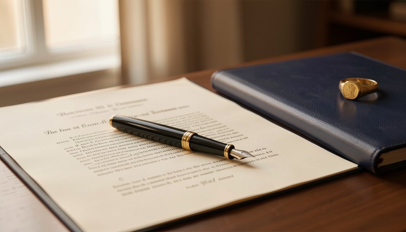 Fountain pen resting on a last will and testament document with a navy leather folio
