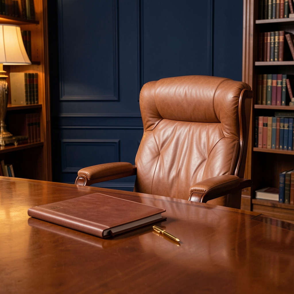 Leather partner chair at a polished boardroom table with a leather folio and gold pen