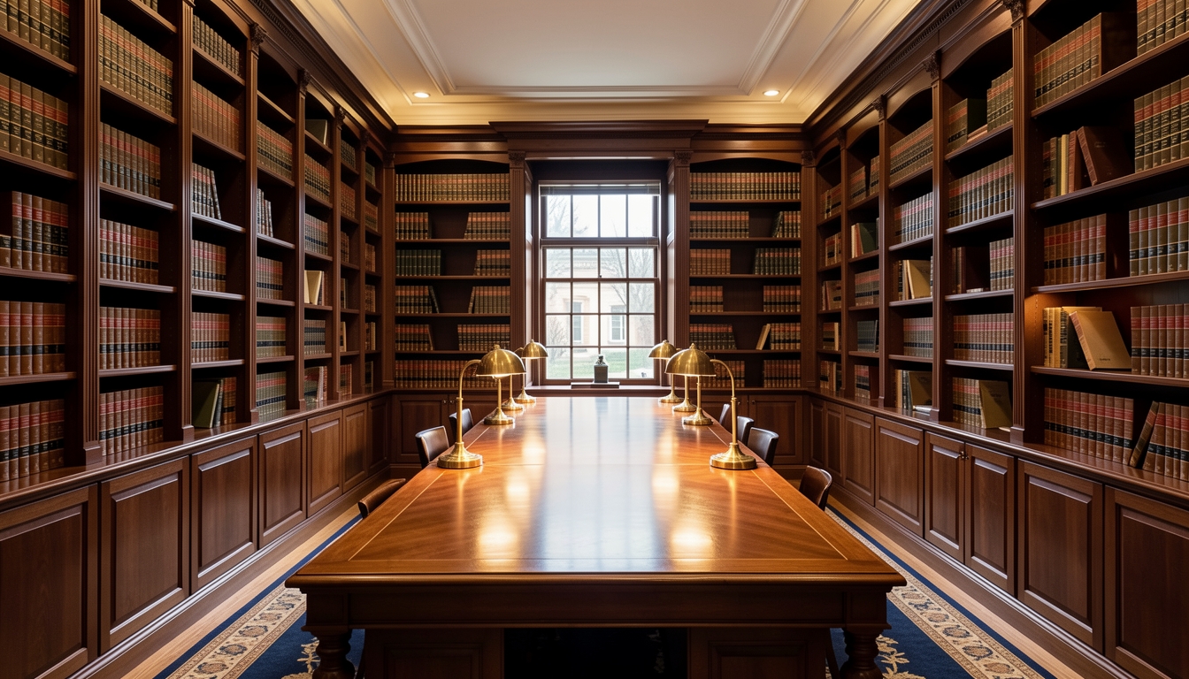 Law library interior with floor-to-ceiling dark wood bookshelves and brass reading lamps