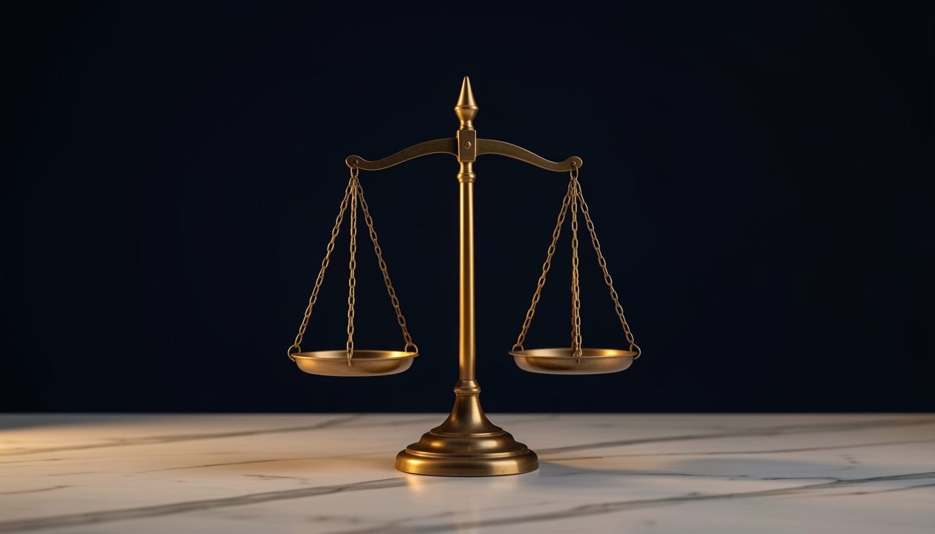 Brass scales of justice on a marble surface against a dark navy backdrop
