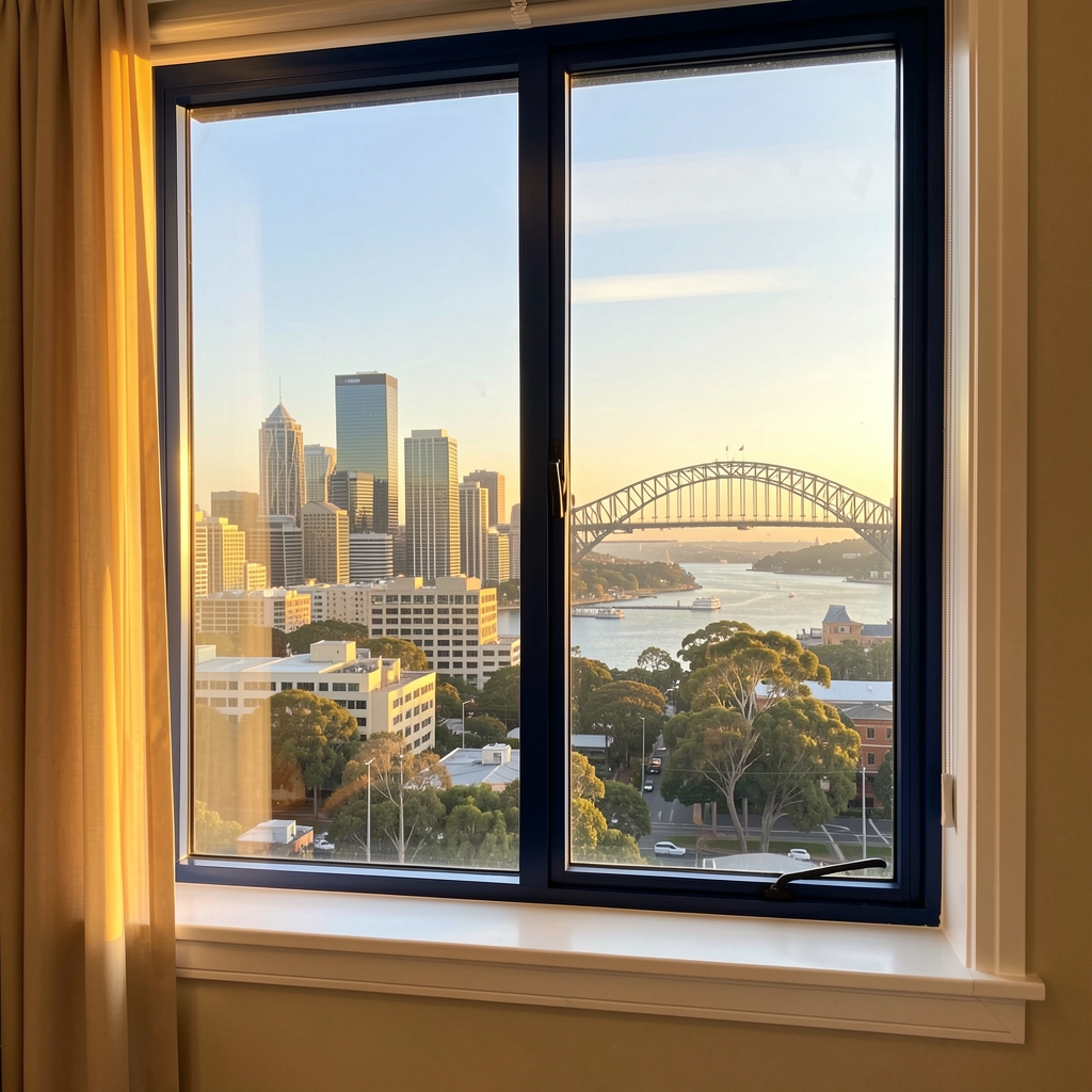 View of Sydney skyline and Harbour Bridge through an office window