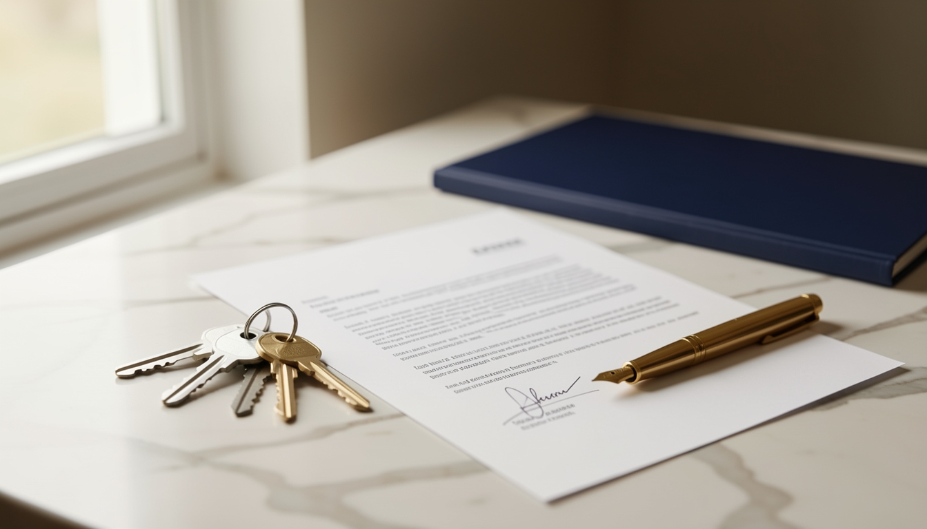 House keys and signed property contract on a marble countertop