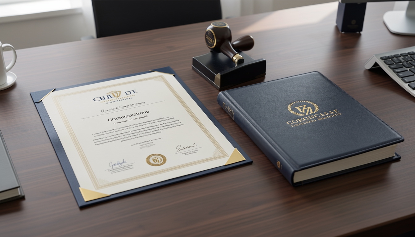 Certificate of incorporation and corporate register on a dark wood desk
